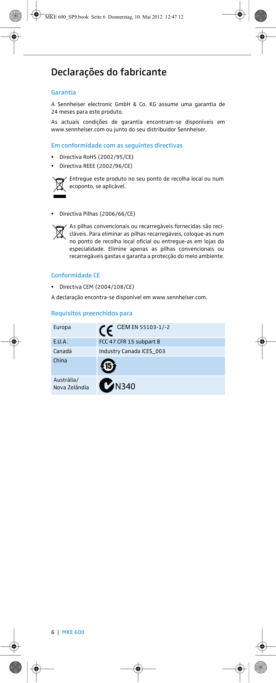 Declarações do fabricante | Sennheiser MKE 600 User Manual | Page 38 / 60