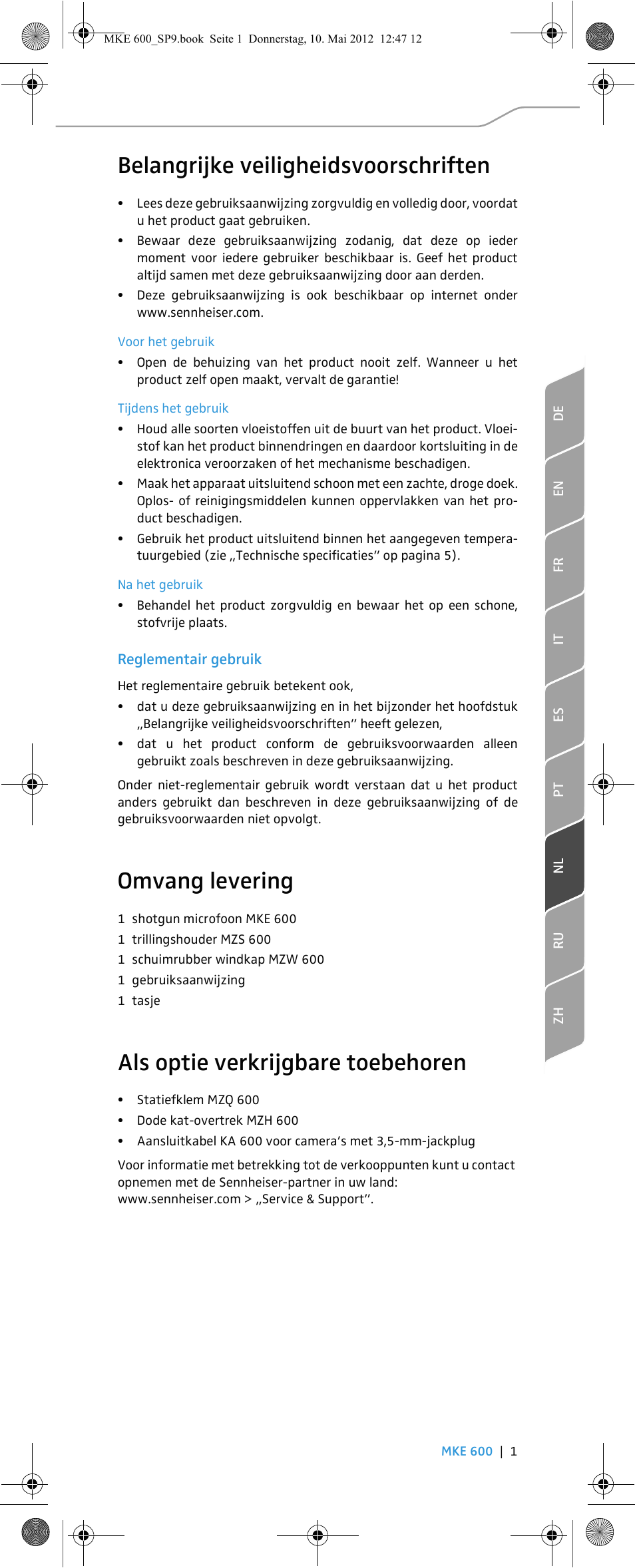 Belangrijke veiligheidsvoorschriften, Omvang levering, Als optie verkrijgbare toebehoren | Sennheiser MKE 600 User Manual | Page 39 / 60