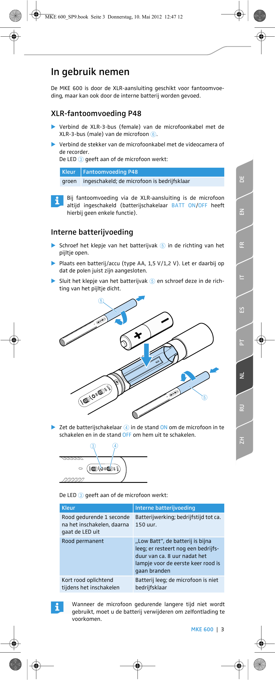 Xlr-fantoomvoeding p48, Interne batterijvoeding | Sennheiser MKE 600 User Manual | Page 41 / 60