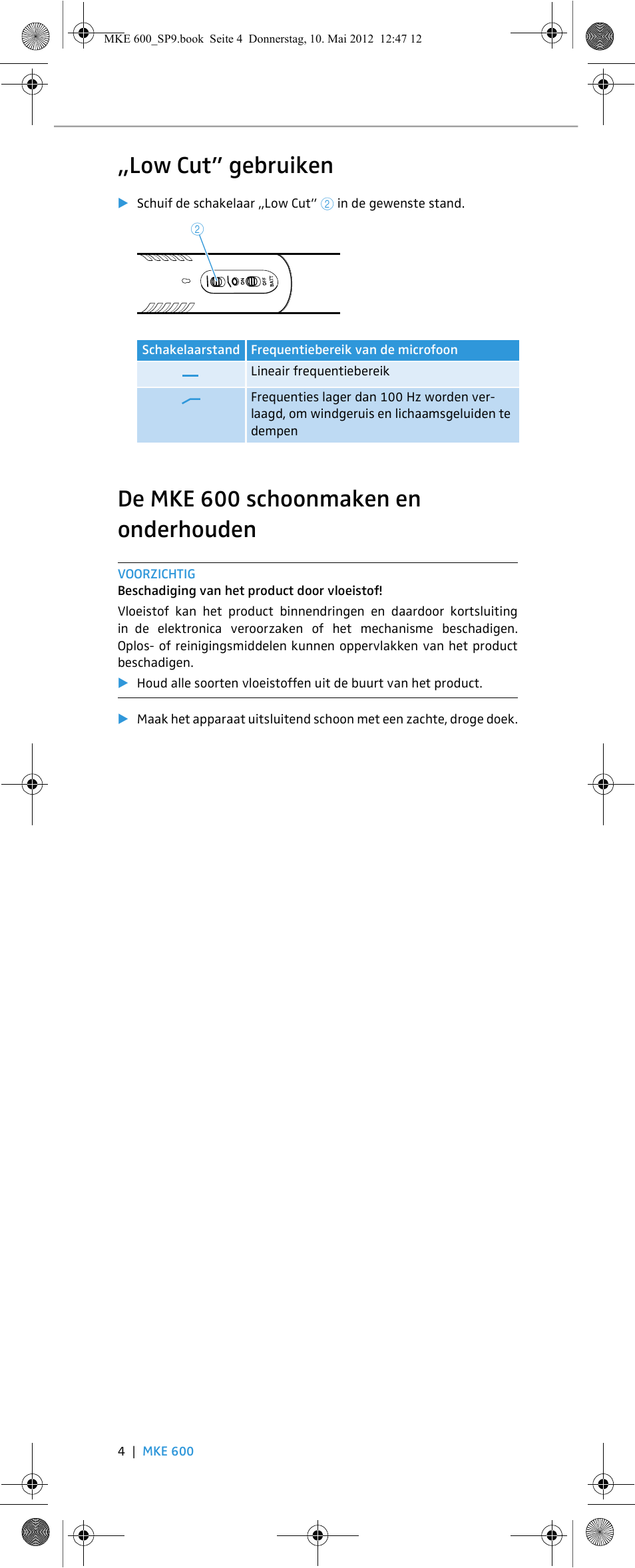 Low cut” gebruiken, De mke 600 schoonmaken en onderhouden | Sennheiser MKE 600 User Manual | Page 42 / 60