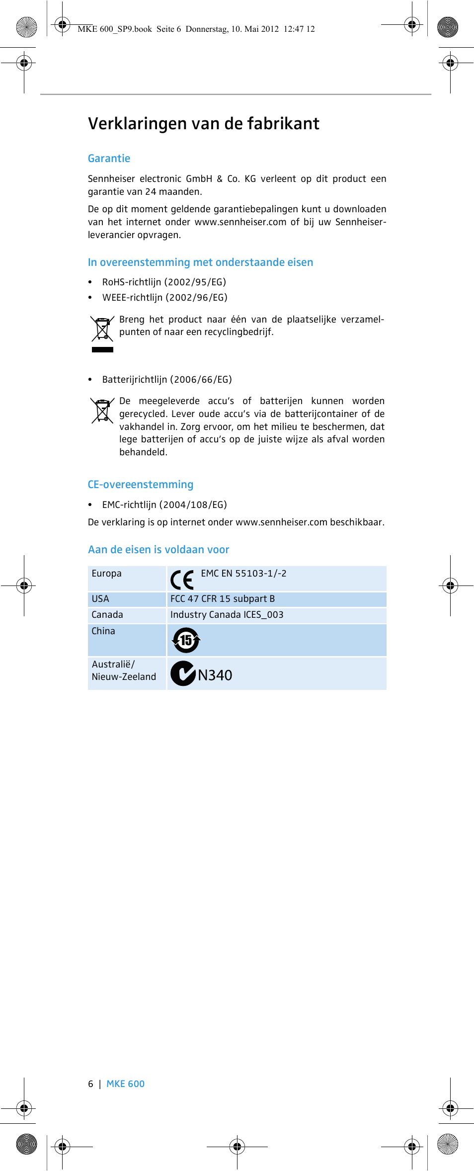 Verklaringen van de fabrikant | Sennheiser MKE 600 User Manual | Page 44 / 60