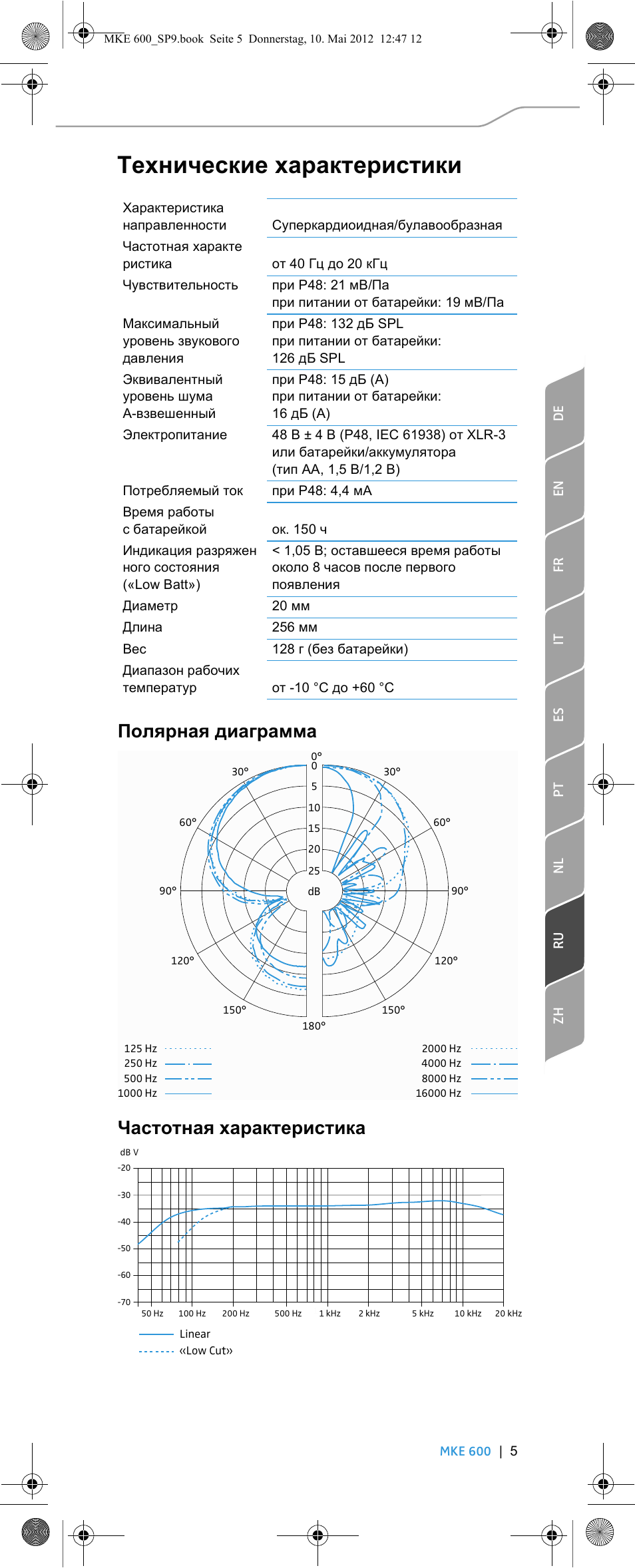 Технические характеристики, Полярная диаграмма частотная характеристика | Sennheiser MKE 600 User Manual | Page 49 / 60