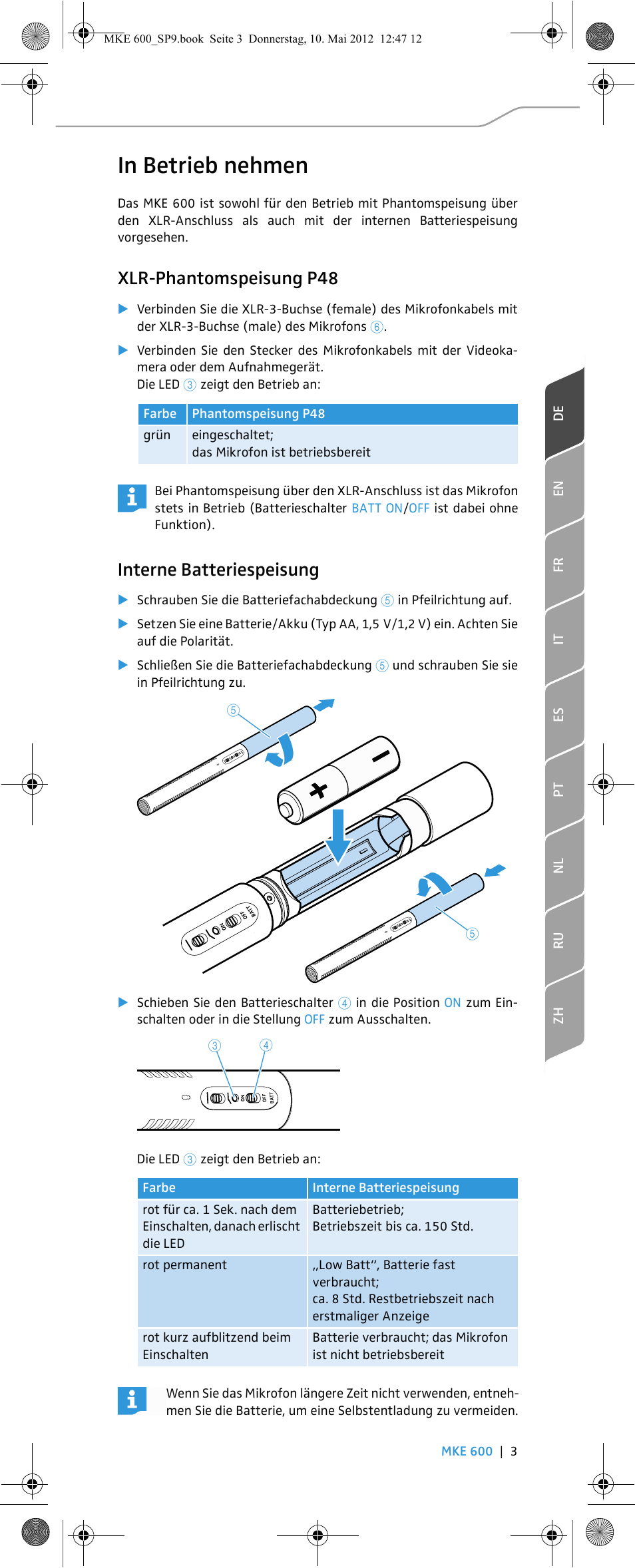 Xlr-phantomspeisung p48, Interne batteriespeisung | Sennheiser MKE 600 User Manual | Page 5 / 60