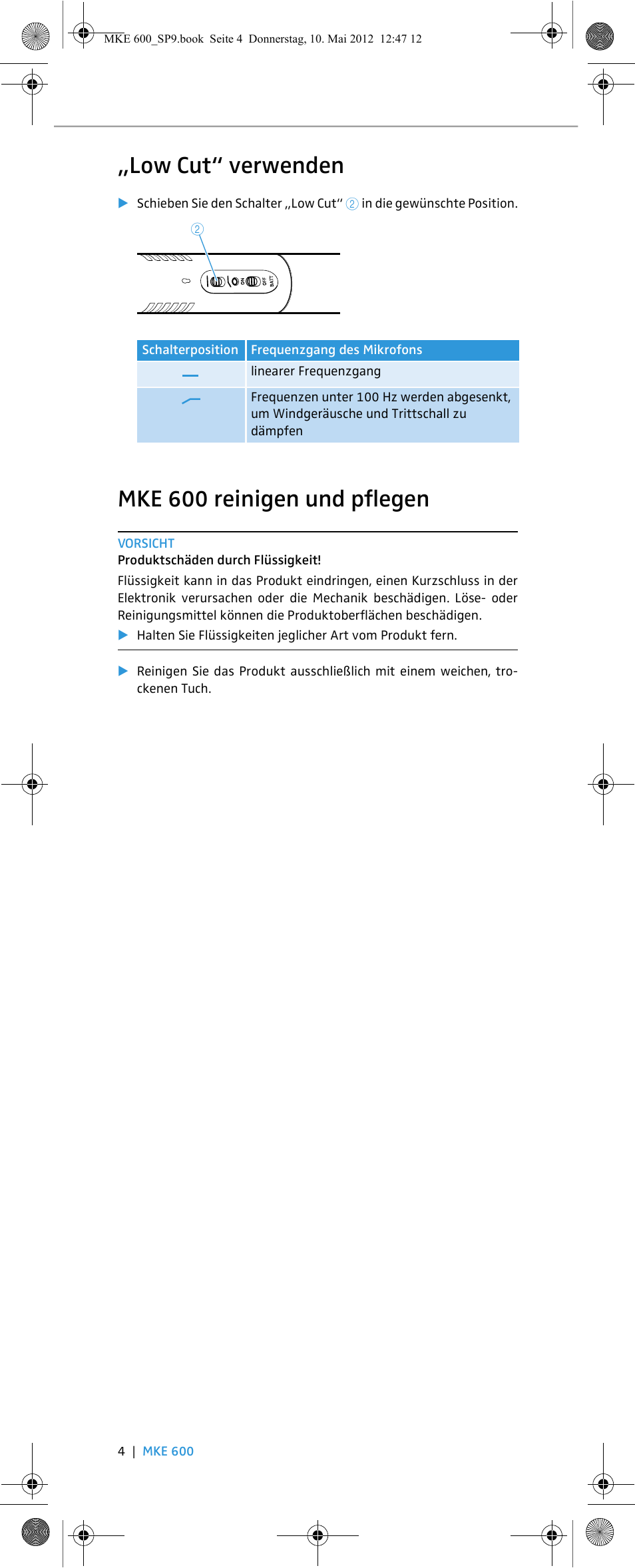 Low cut“ verwenden, Mke 600 reinigen und pflegen | Sennheiser MKE 600 User Manual | Page 6 / 60