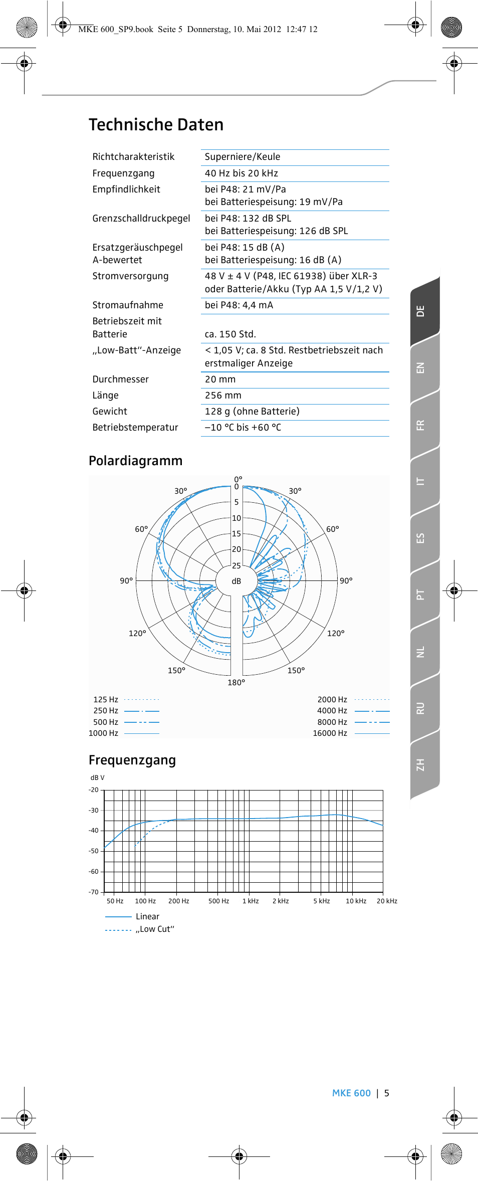 Technische daten, Polardiagramm frequenzgang | Sennheiser MKE 600 User Manual | Page 7 / 60