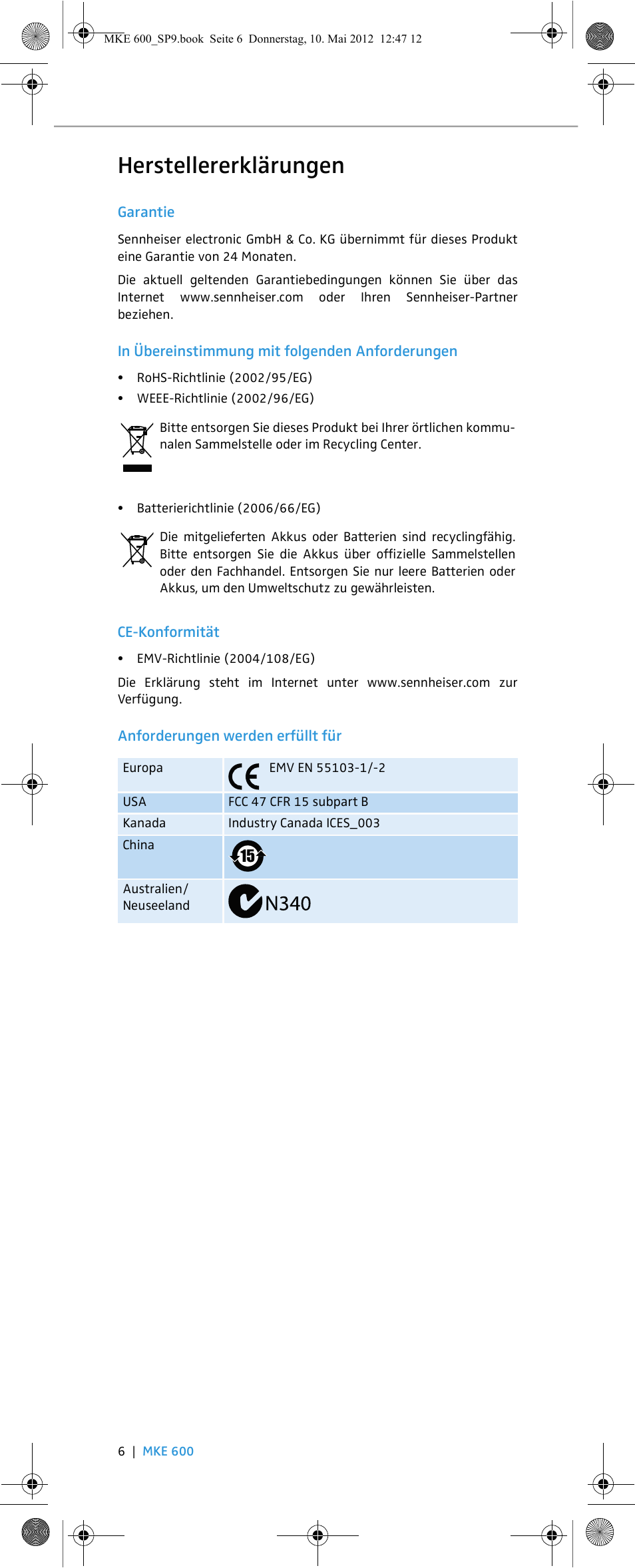 Herstellererklärungen | Sennheiser MKE 600 User Manual | Page 8 / 60