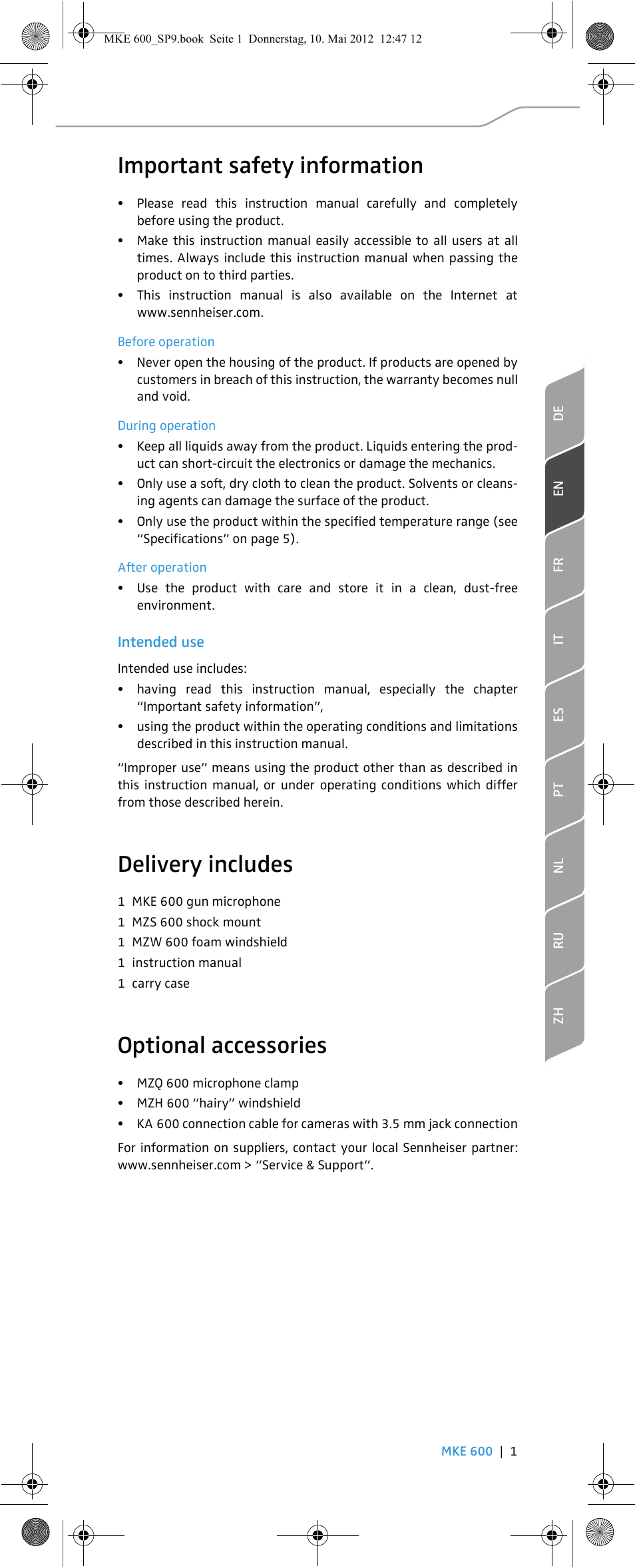 Important safety information, Delivery includes, Optional accessories | Sennheiser MKE 600 User Manual | Page 9 / 60