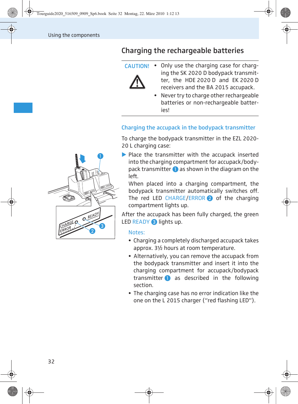 Charging the rechargeable batteries | Sennheiser SR 2020-D User Manual | Page 100 / 196