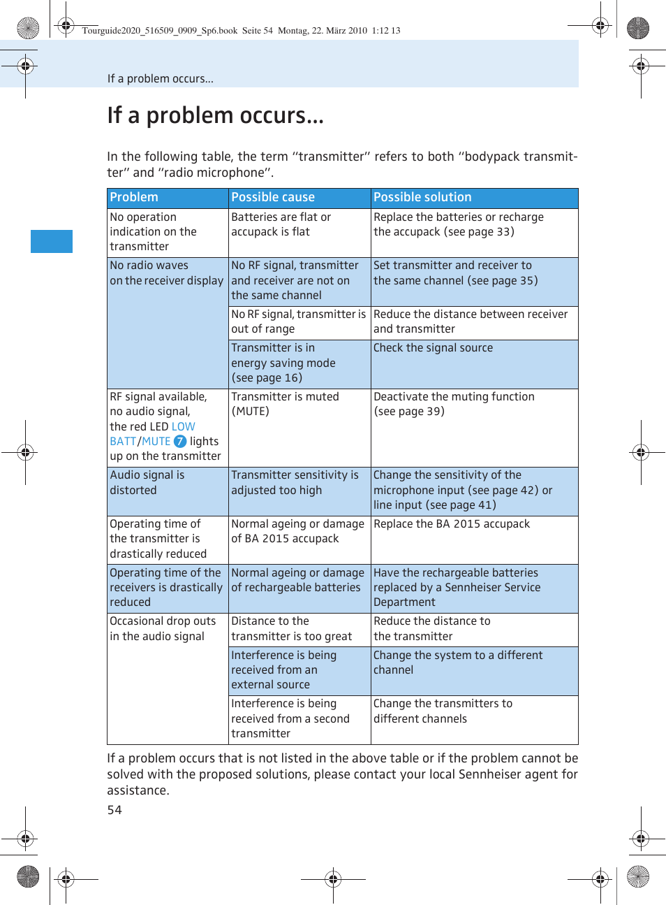 If a problem occurs | Sennheiser SR 2020-D User Manual | Page 122 / 196