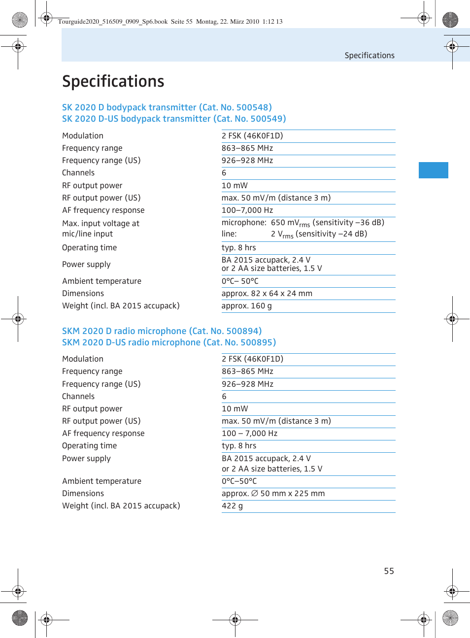 Specifications | Sennheiser SR 2020-D User Manual | Page 123 / 196
