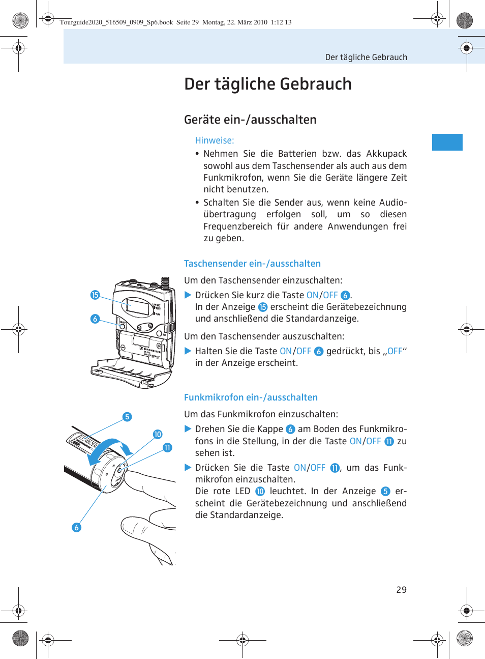 Der tägliche gebrauch, Geräte ein-/ausschalten | Sennheiser SR 2020-D User Manual | Page 33 / 196
