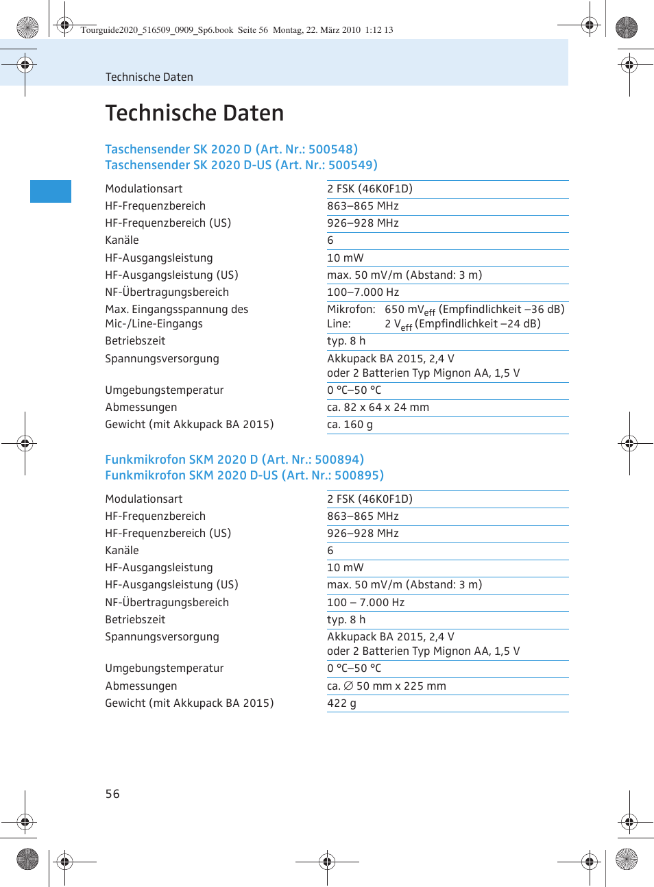 Technische daten | Sennheiser SR 2020-D User Manual | Page 60 / 196