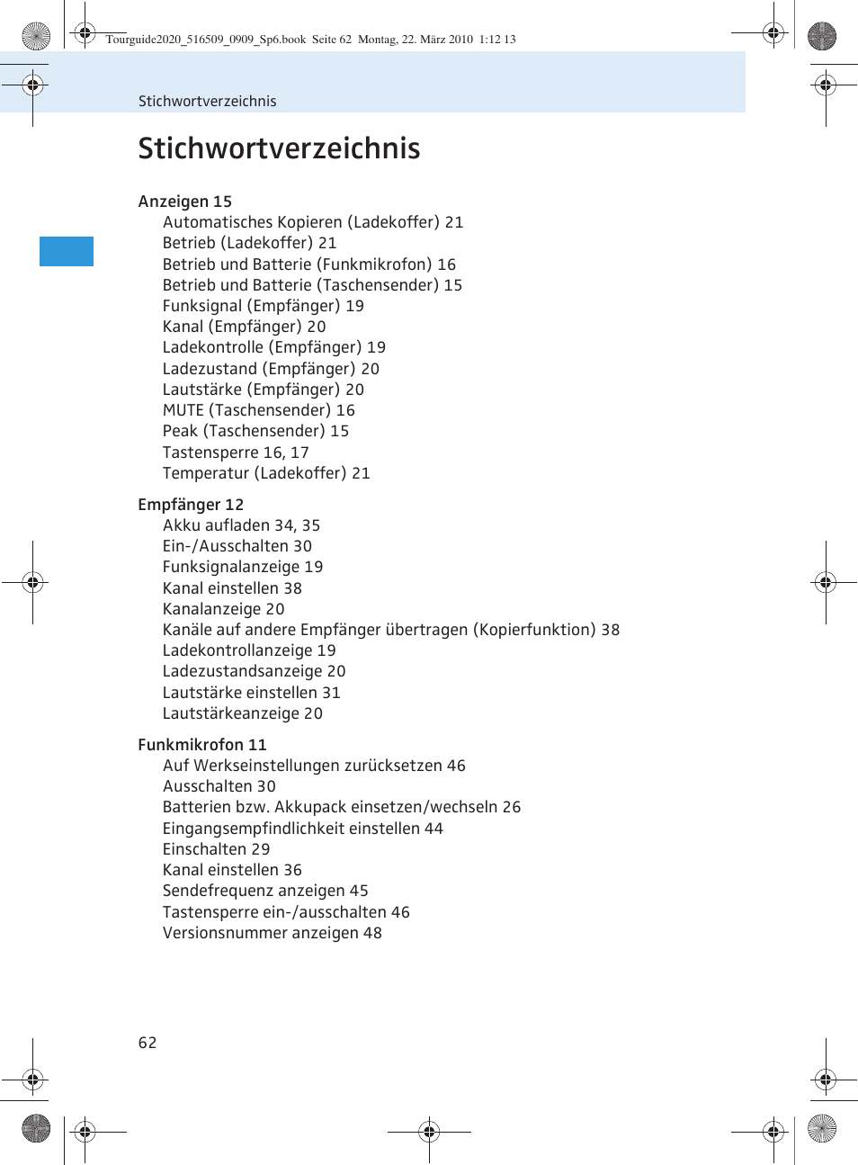 Stichwortverzeichnis | Sennheiser SR 2020-D User Manual | Page 66 / 196