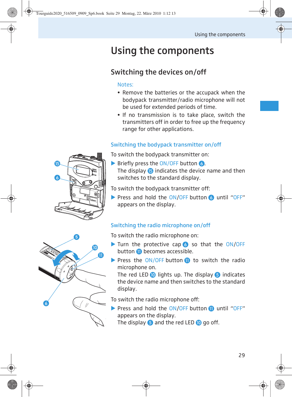 Using the components, Switching the devices on/off | Sennheiser SR 2020-D User Manual | Page 97 / 196