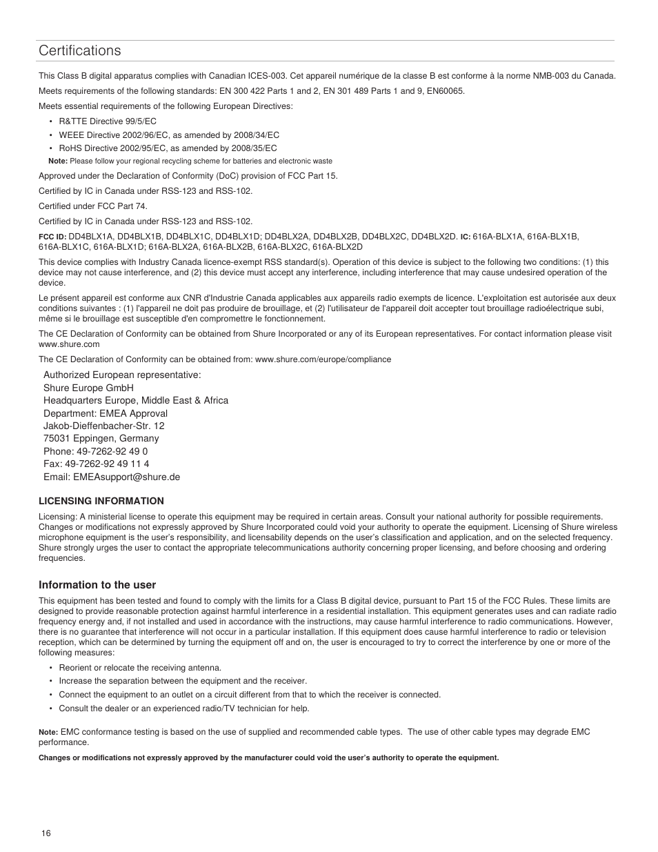 Certifications | Shure BLX4R User Manual | Page 16 / 72