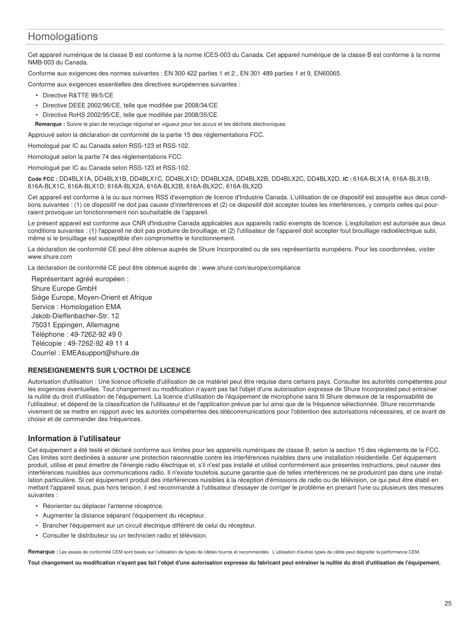 Homologations | Shure BLX4R User Manual | Page 25 / 72