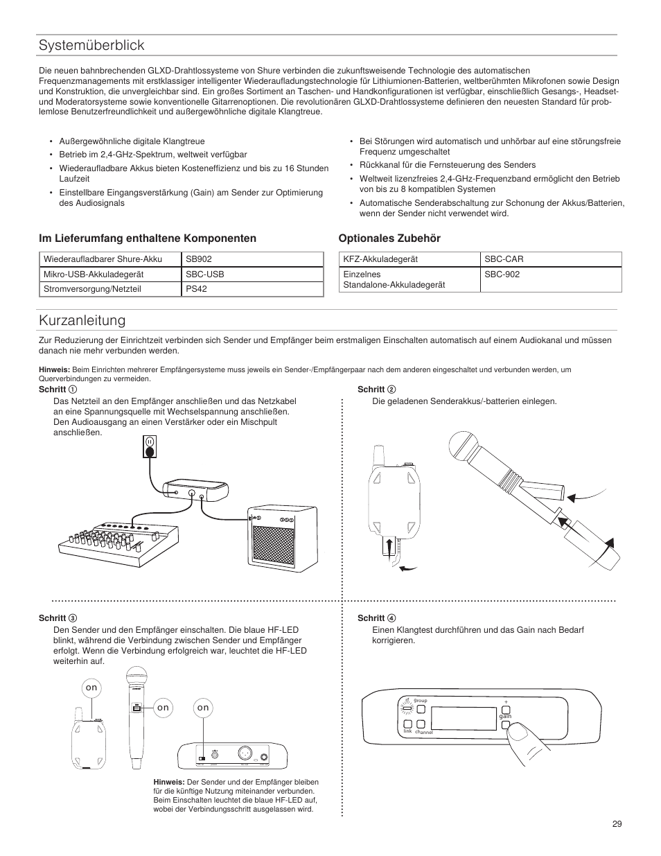 Systemüberblick, Kurzanleitung, Im lieferumfang enthaltene komponenten | Optionales zubehör | Shure GLXD4 Wireless Receiver User Manual | Page 29 / 96