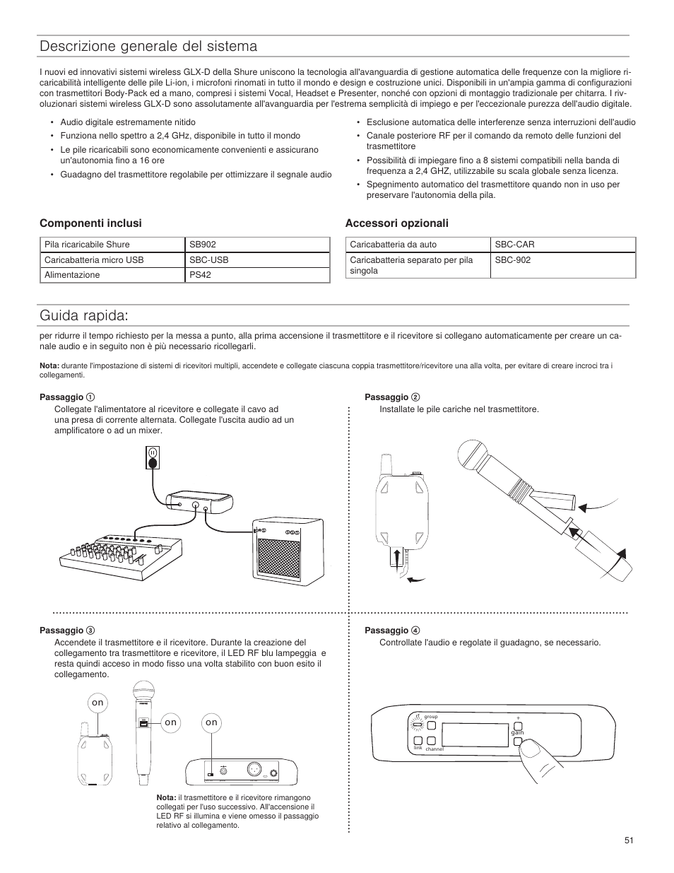 Descrizione generale del sistema, Guida rapida, Componenti inclusi | Accessori opzionali | Shure GLXD4 Wireless Receiver User Manual | Page 51 / 96