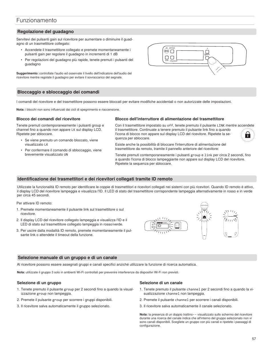 Funzionamento, Regolazione del guadagno, Bloccaggio e sbloccaggio dei comandi | Selezione manuale di un gruppo e di un canale, Blocco dei comandi del ricevitore, Selezione di un gruppo, Selezione di un canale, Glxd2 on | Shure GLXD4 Wireless Receiver User Manual | Page 57 / 96