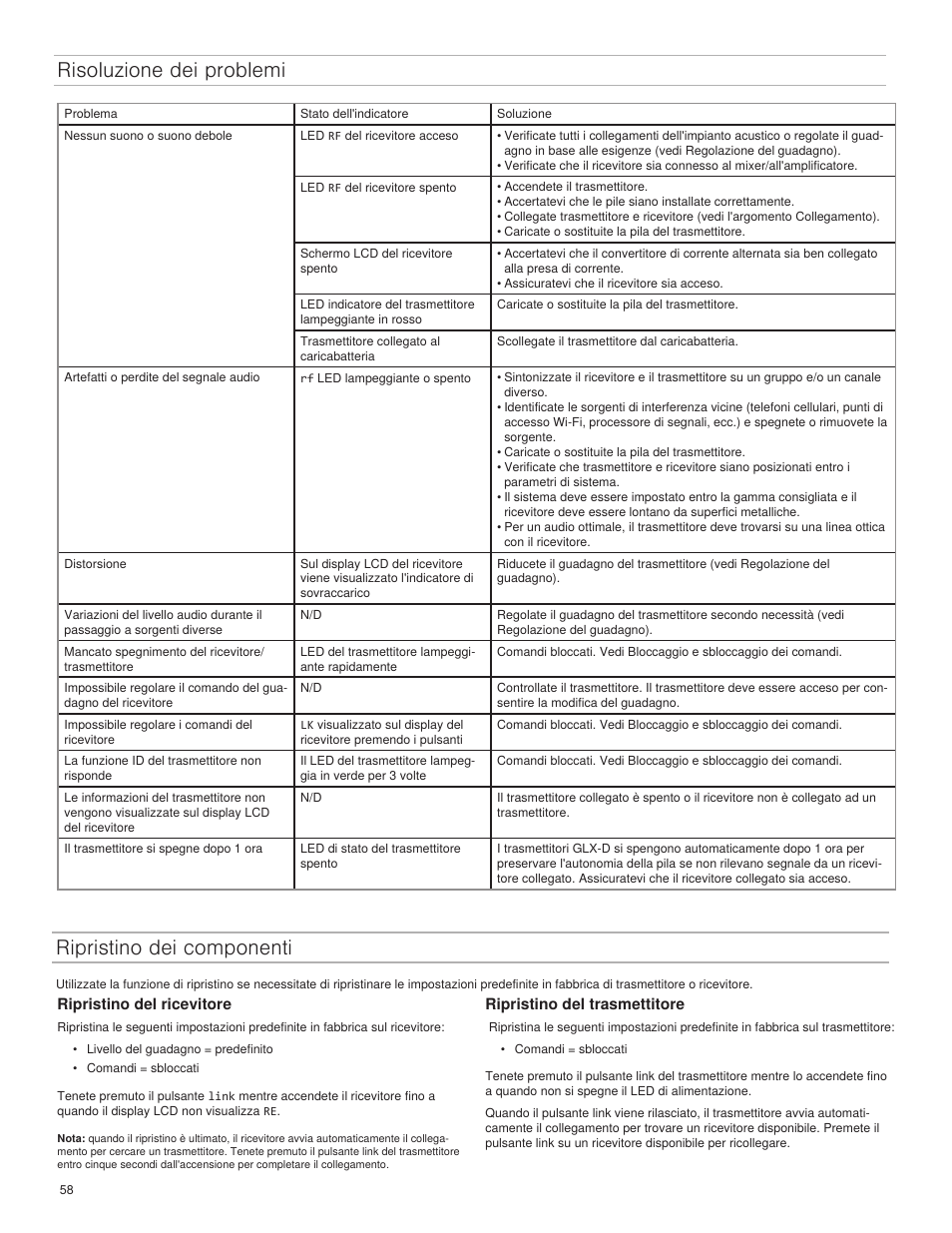 Risoluzione dei problemi, Ripristino dei componenti | Shure GLXD4 Wireless Receiver User Manual | Page 58 / 96