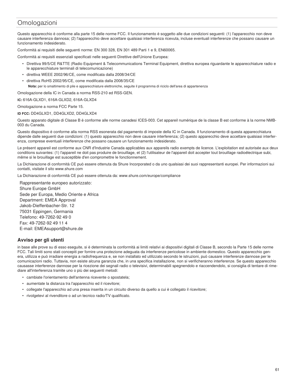 Omologazioni | Shure GLXD4 Wireless Receiver User Manual | Page 61 / 96