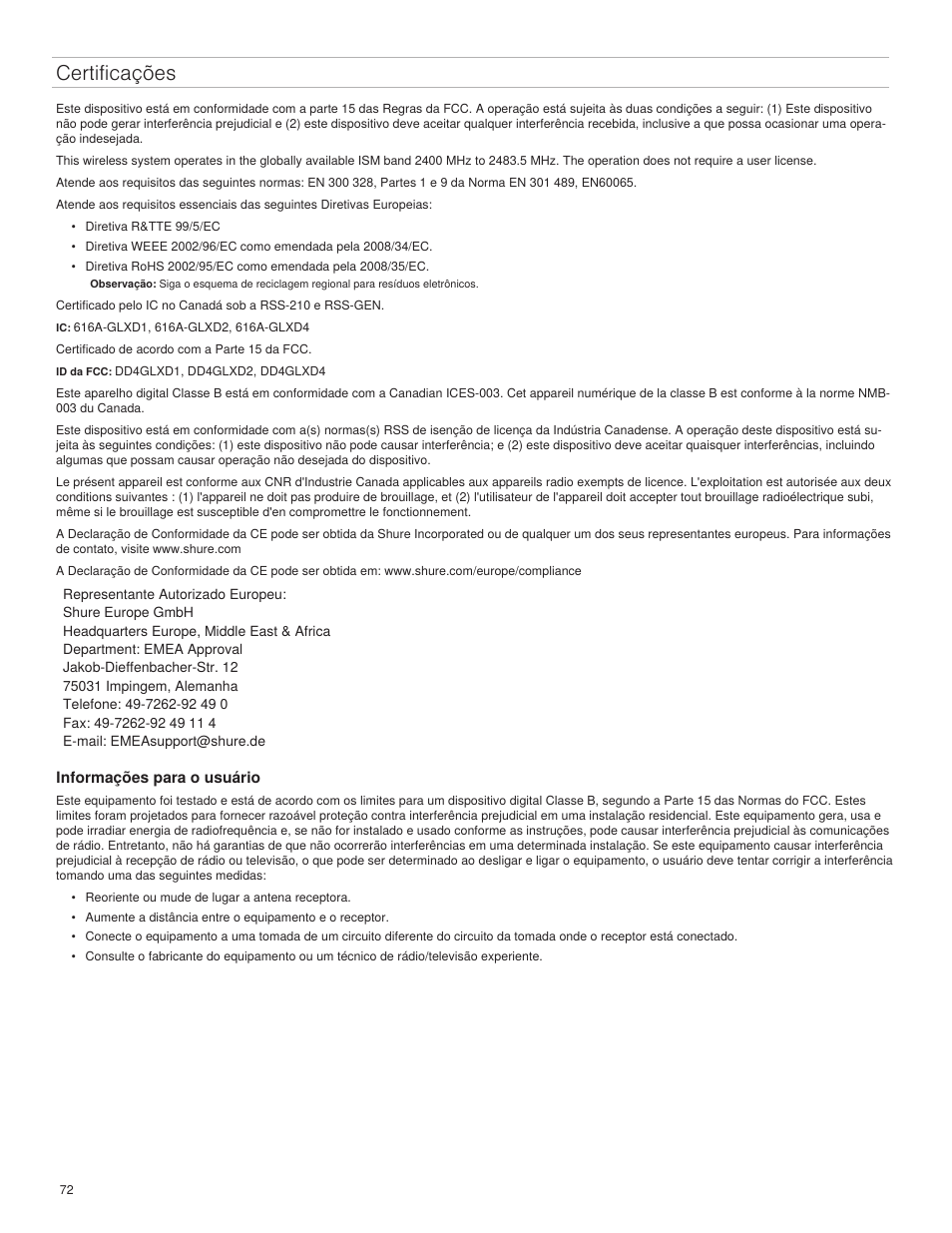 Certificações | Shure GLXD4 Wireless Receiver User Manual | Page 72 / 96