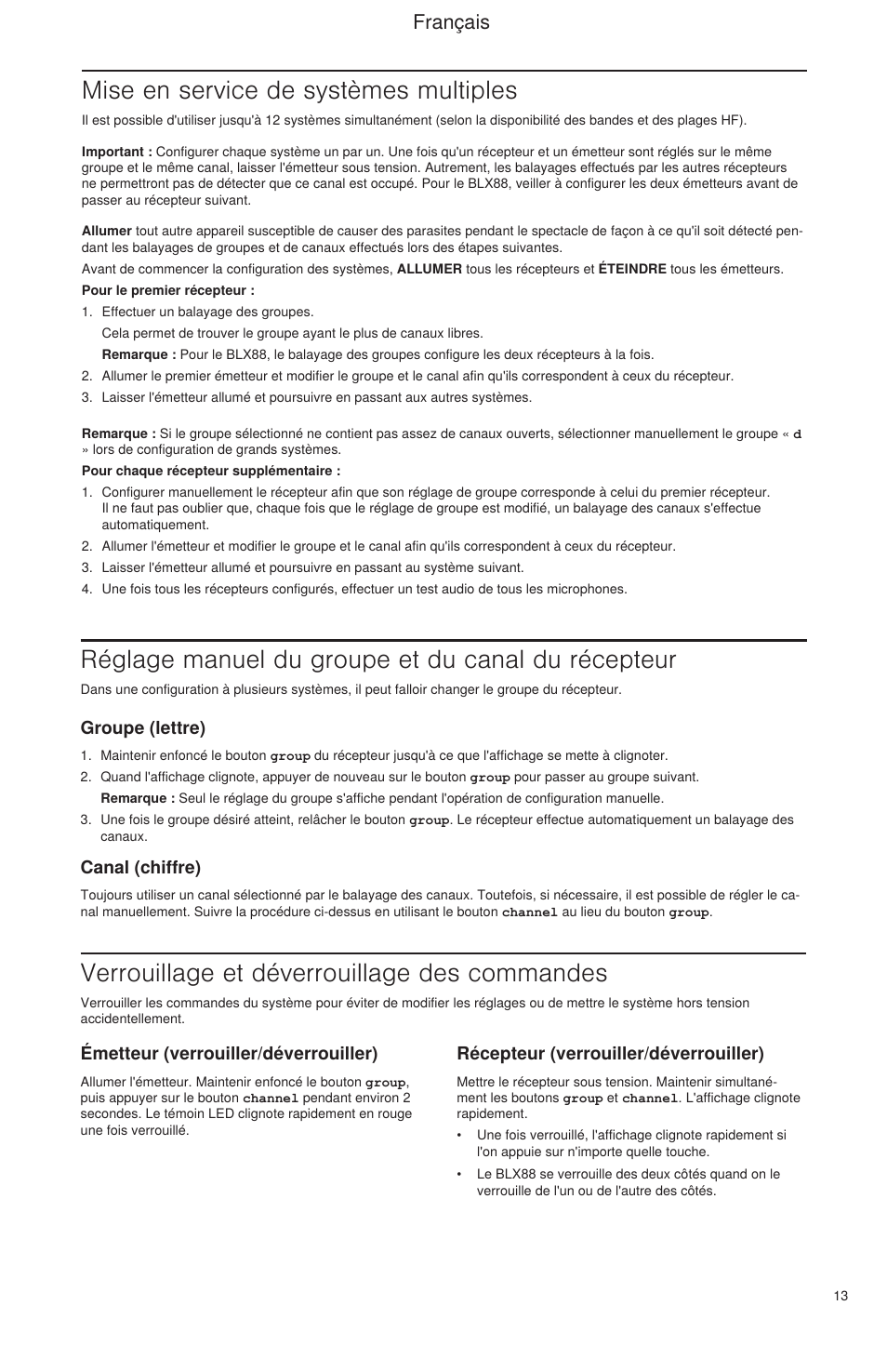 Mise en service de systèmes multiples, Réglage manuel du groupe et du canal du récepteur, Verrouillage et déverrouillage des commandes | Français, Groupe (lettre), Canal (chiffre), Émetteur (verrouiller/déverrouiller), Récepteur (verrouiller/déverrouiller) | Shure BLX Wireless System User Manual | Page 21 / 64