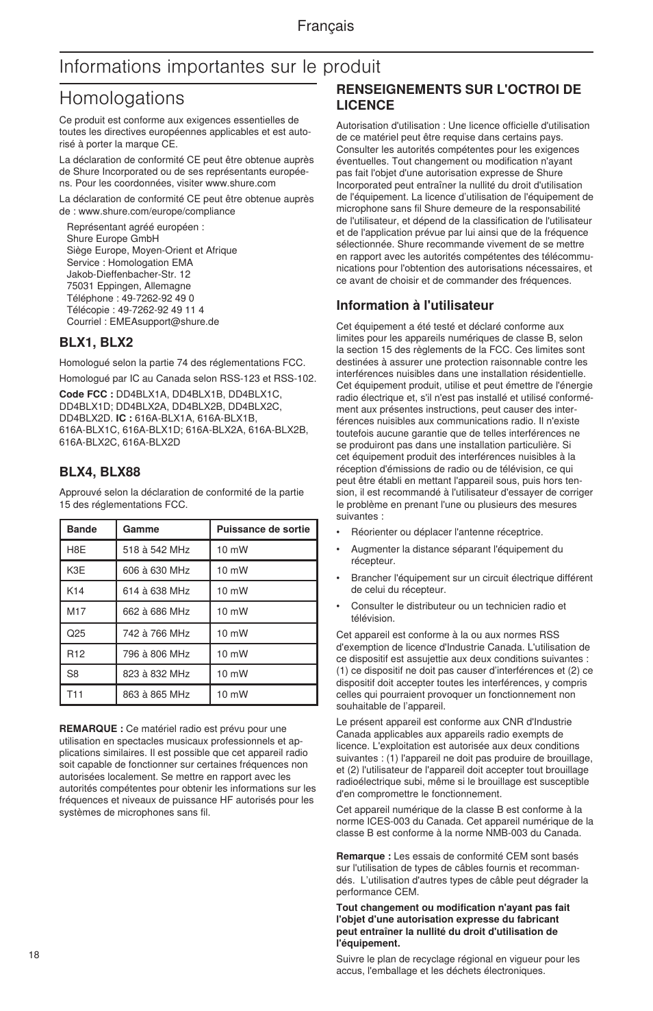 Informations importantes sur le produit, Homologations, Français | Renseignements sur l'octroi de licence, Information à l'utilisateur, Blx1, blx2, Blx4, blx88 | Shure BLX Wireless System User Manual | Page 26 / 64