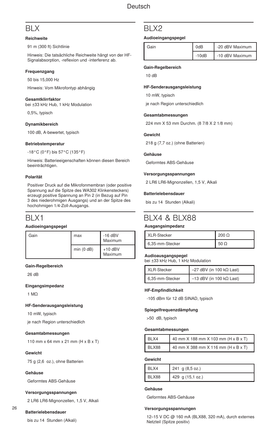 Blx blx1 blx2, Blx4 & blx88, Deutsch | Shure BLX Wireless System User Manual | Page 34 / 64