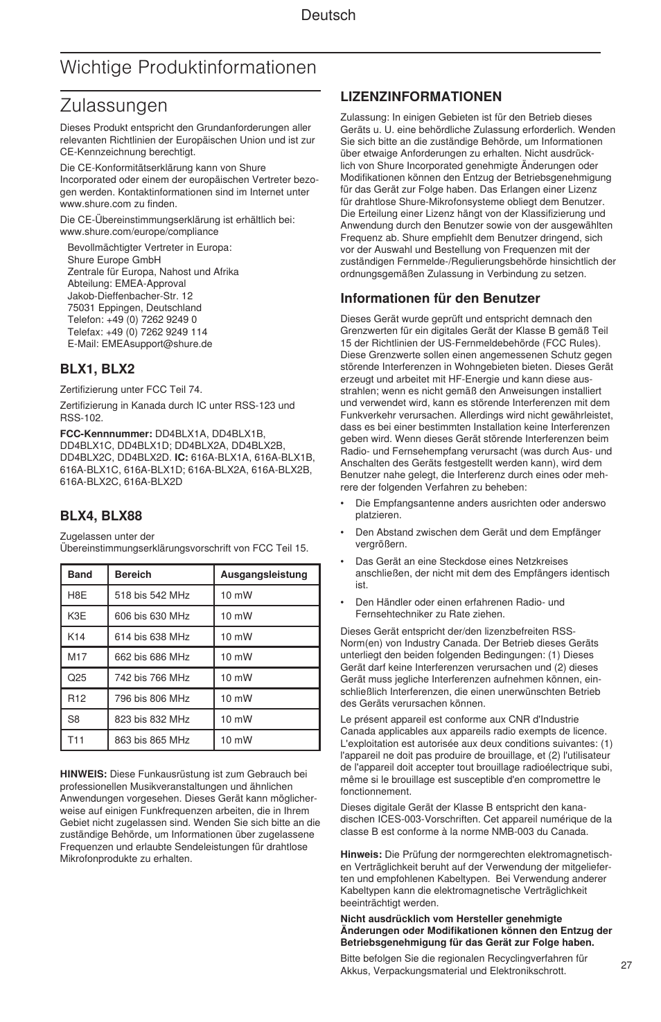 Wichtige produktinformationen, Zulassungen, Deutsch | Lizenzinformationen, Informationen für den benutzer, Blx1, blx2, Blx4, blx88 | Shure BLX Wireless System User Manual | Page 35 / 64