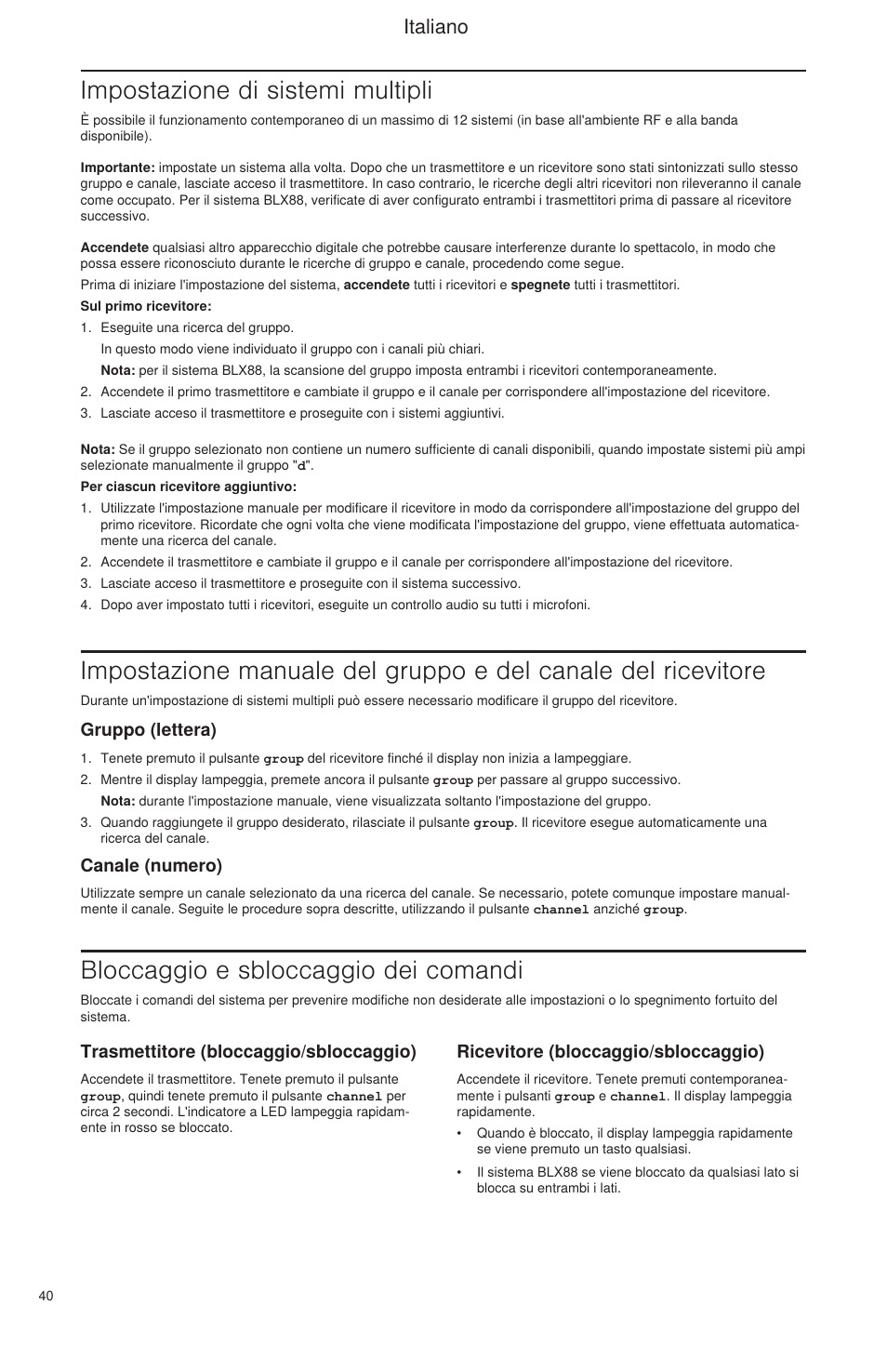 Impostazione di sistemi multipli, Bloccaggio e sbloccaggio dei comandi, Italiano | Trasmettitore (bloccaggio/sbloccaggio), Ricevitore (bloccaggio/sbloccaggio), Gruppo (lettera), Canale (numero) | Shure BLX Wireless System User Manual | Page 48 / 64