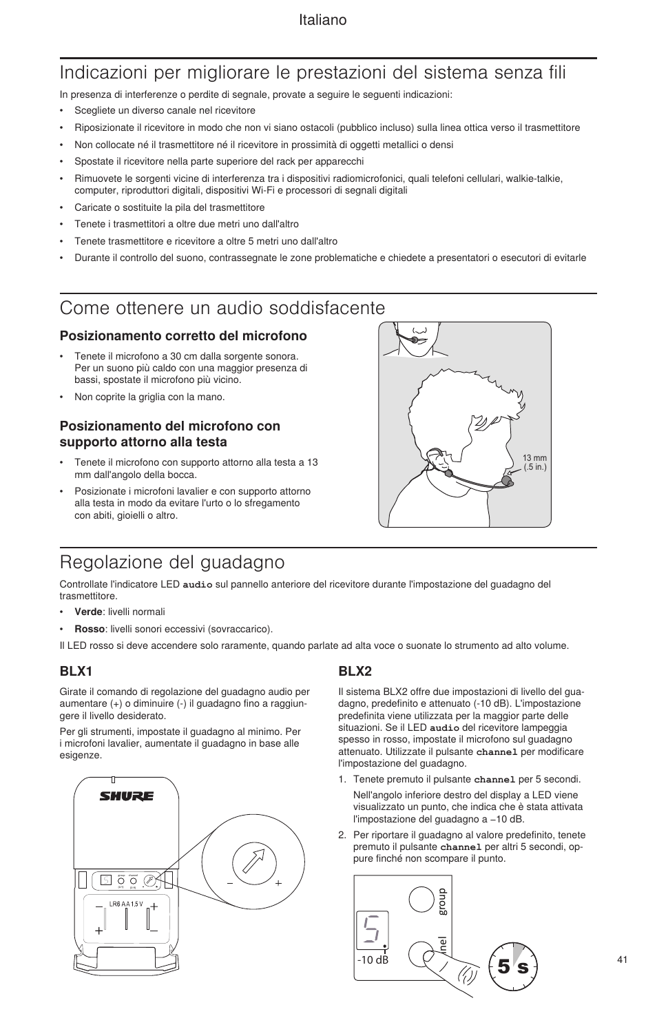 Select, Come ottenere un audio soddisfacente, Regolazione del guadagno | Italiano, Posizionamento corretto del microfono, Blx1, Blx2 | Shure BLX Wireless System User Manual | Page 49 / 64