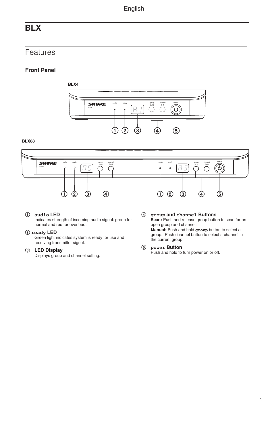 Features, English, Front panel | Shure BLX Wireless System User Manual | Page 9 / 64