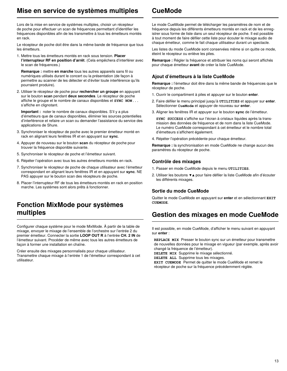 Mise en service de systèmes multiples, Fonction mixmode pour systèmes multiples, Gestion des mixages en mode cuemode | Cuemode | Shure PSM 900 User Manual | Page 17 / 64