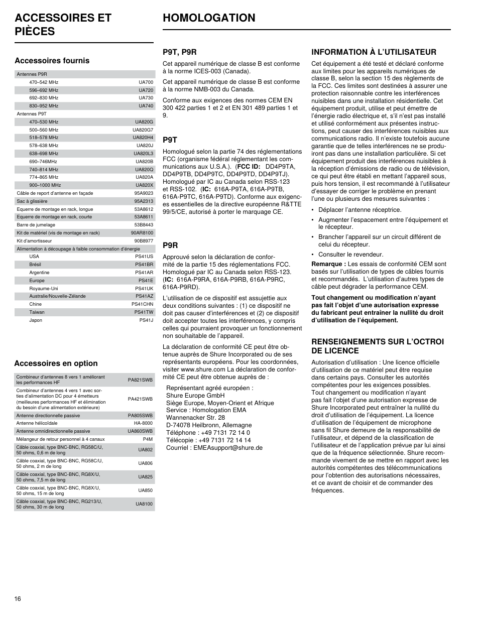Accessoires et pièces homologation, P9t, p9r, Renseignements sur l’octroi de licence | Information à l’utilisateur, Accessoires fournis, Accessoires en option | Shure PSM 900 User Manual | Page 20 / 64