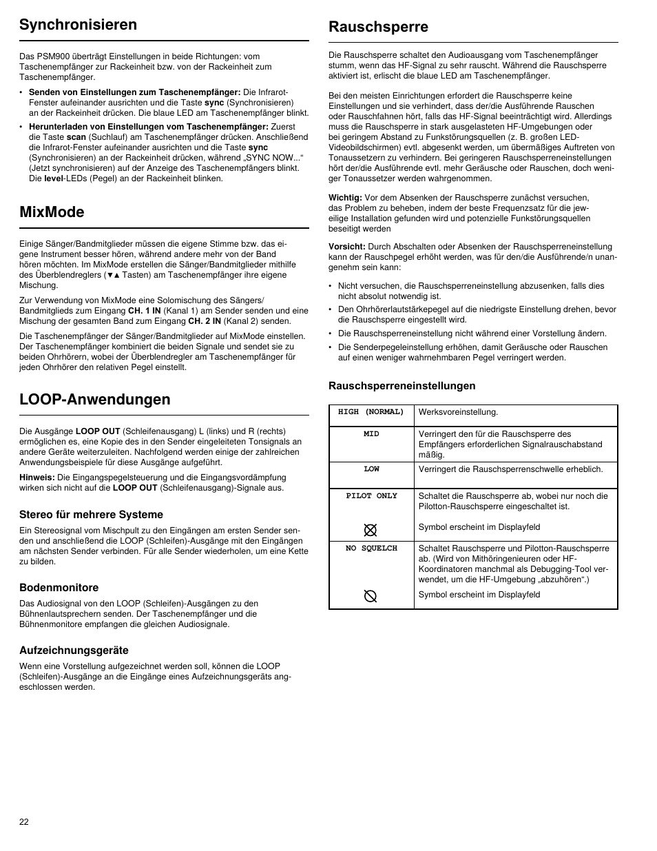 Mixmode, Synchronisieren, Loop-anwendungen | Rauschsperre | Shure PSM 900 User Manual | Page 26 / 64