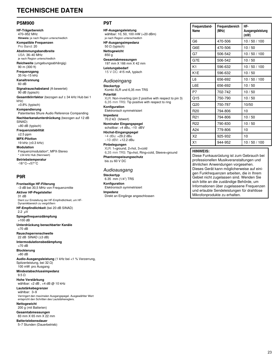 Technische daten, Audioeingang, Audioausgang | Psm900 | Shure PSM 900 User Manual | Page 27 / 64
