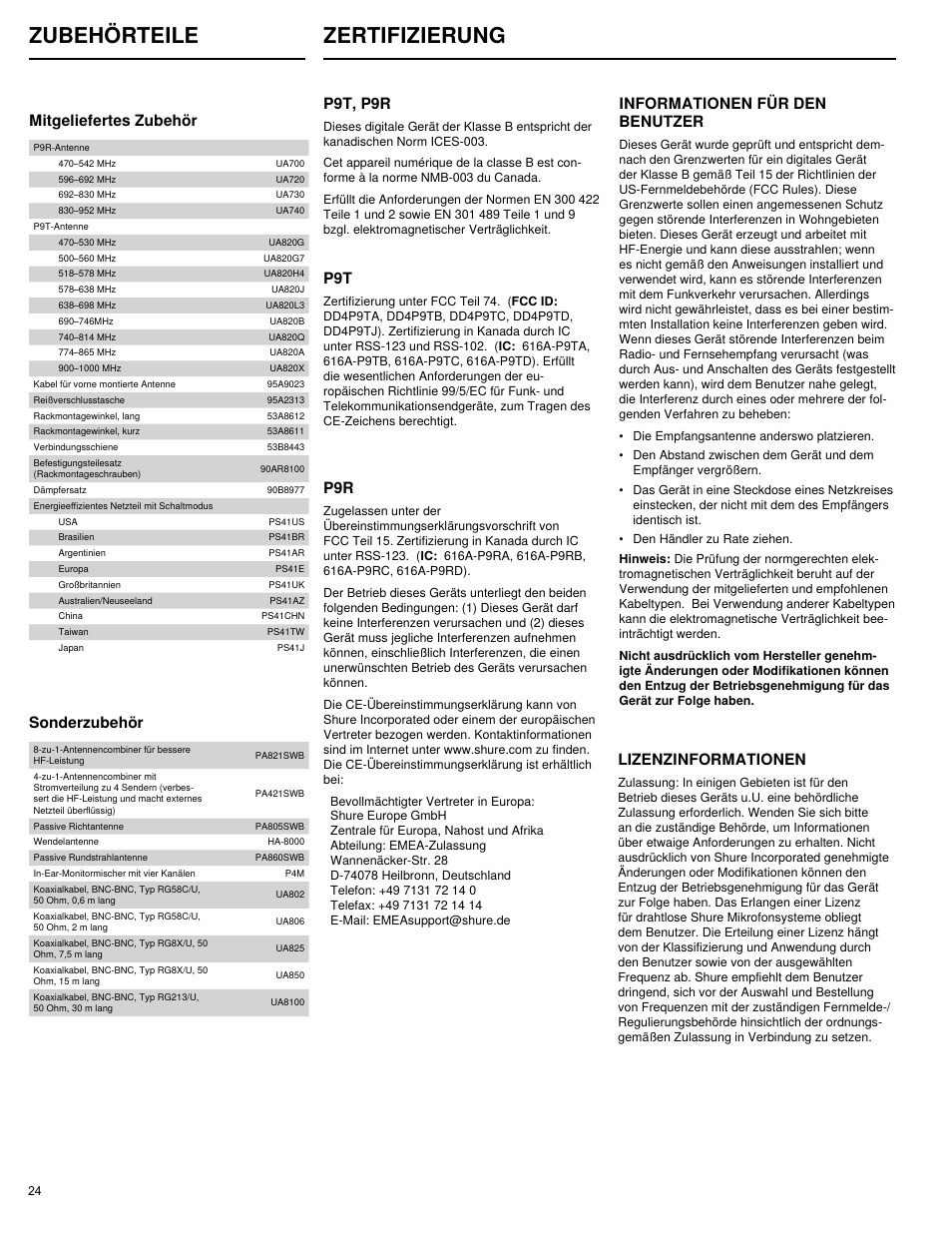 Zubehörteile zertifizierung, P9t, p9r, Lizenzinformationen | Informationen für den benutzer, Mitgeliefertes zubehör, Sonderzubehör | Shure PSM 900 User Manual | Page 28 / 64