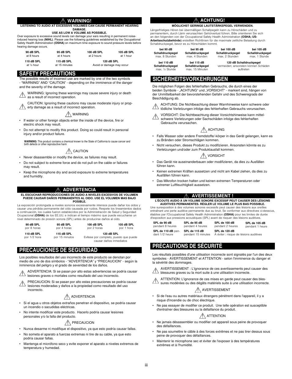 Safety precautions, Précautions de sécurité, Sicherheitsvorkehrungen precauciones de seguridad | Iii avertissement, Warning, Achtung, Advertencia | Shure PSM 900 User Manual | Page 3 / 64