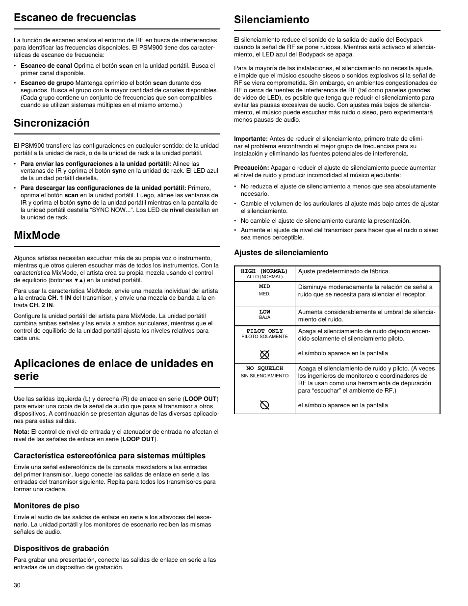 Mixmode, Escaneo de frecuencias, Sincronización | Aplicaciones de enlace de unidades en serie, Silenciamiento | Shure PSM 900 User Manual | Page 34 / 64