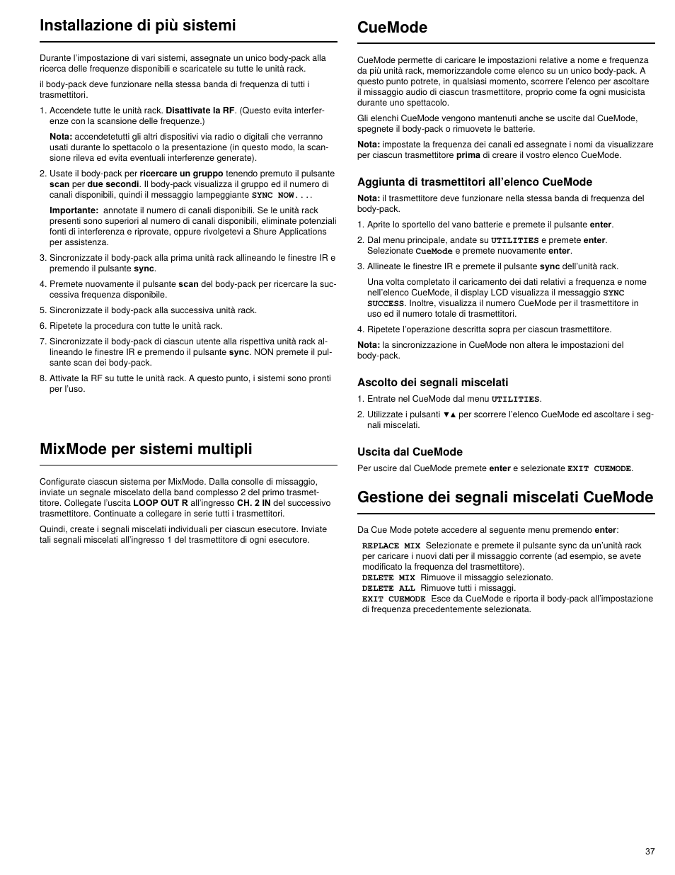 Installazione di più sistemi, Mixmode per sistemi multipli, Gestione dei segnali miscelati cuemode | Cuemode | Shure PSM 900 User Manual | Page 41 / 64