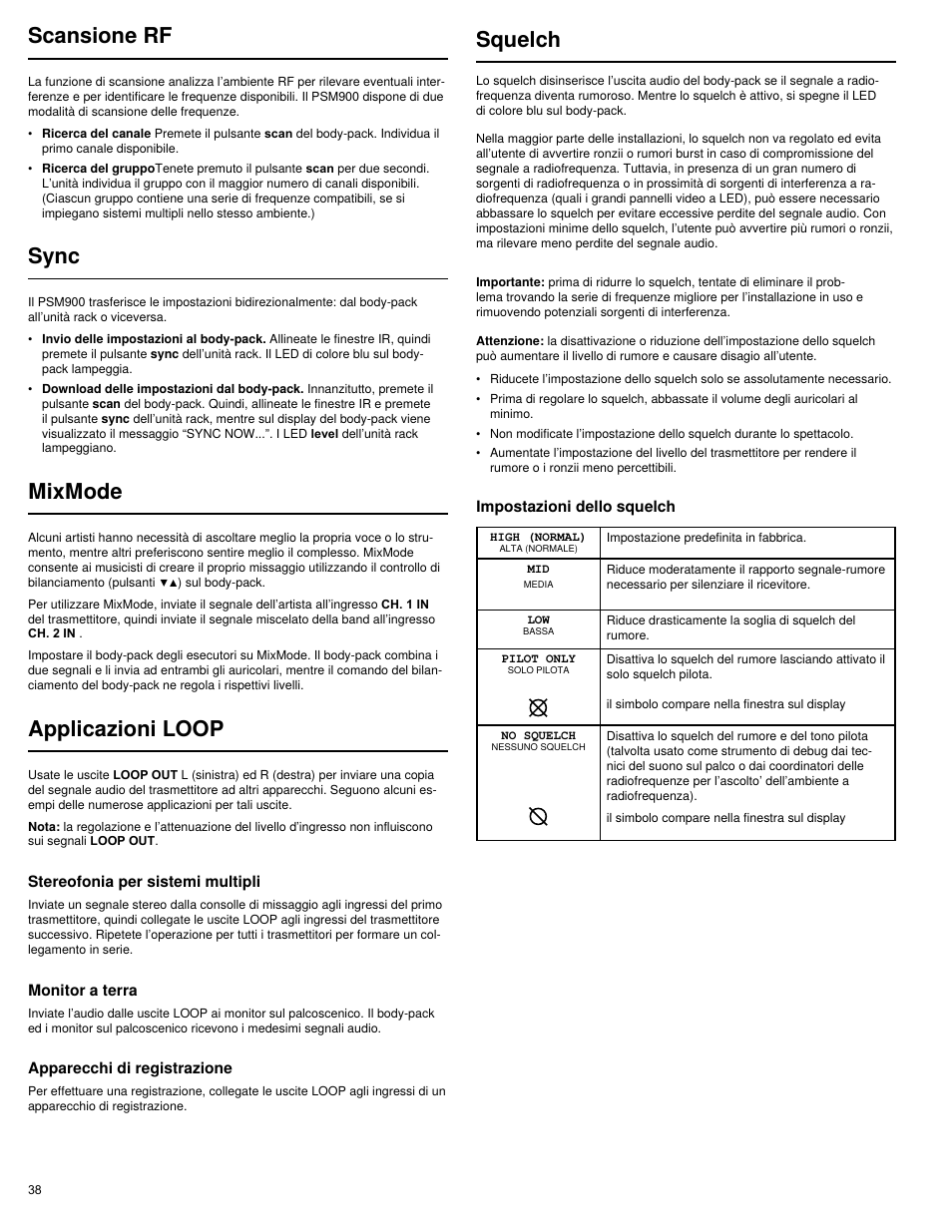 Mixmode, Scansione rf, Sync | Applicazioni loop, Squelch | Shure PSM 900 User Manual | Page 42 / 64
