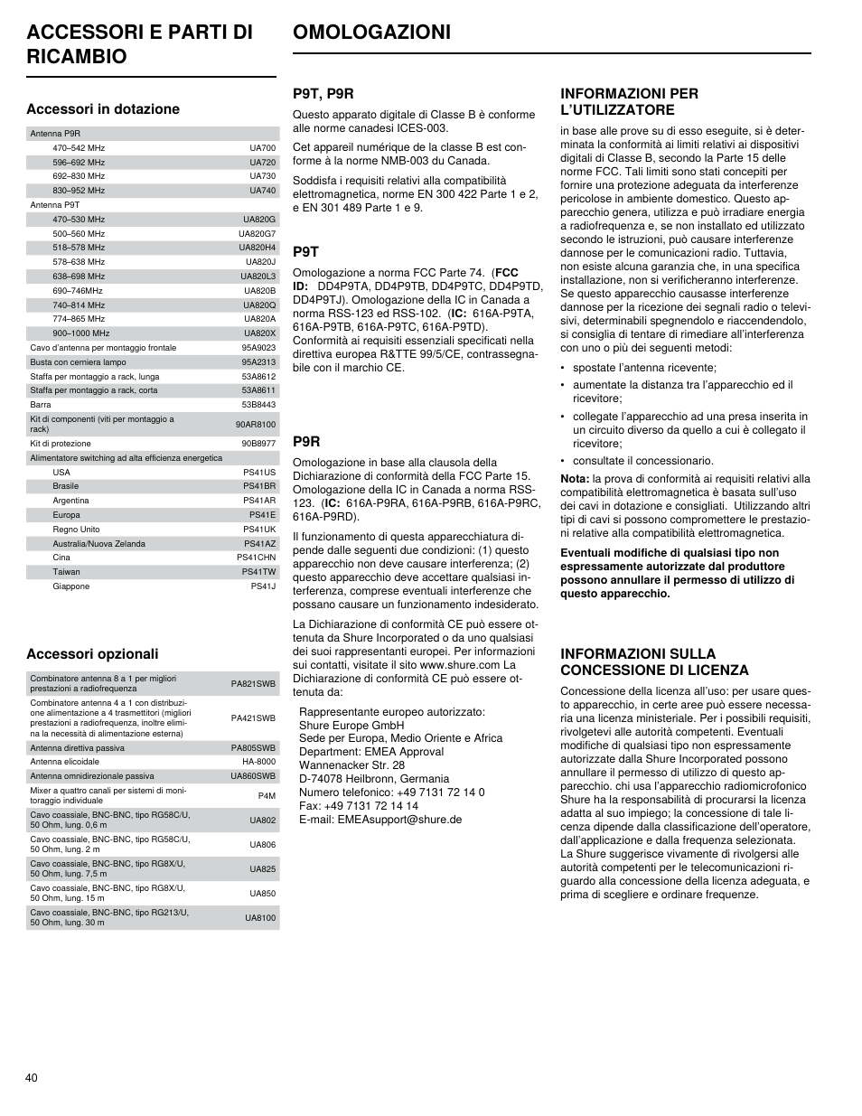 Accessori e parti di ricambio omologazioni, P9t, p9r, Informazioni sulla concessione di licenza | Informazioni per l’utilizzatore, Accessori in dotazione, Accessori opzionali | Shure PSM 900 User Manual | Page 44 / 64