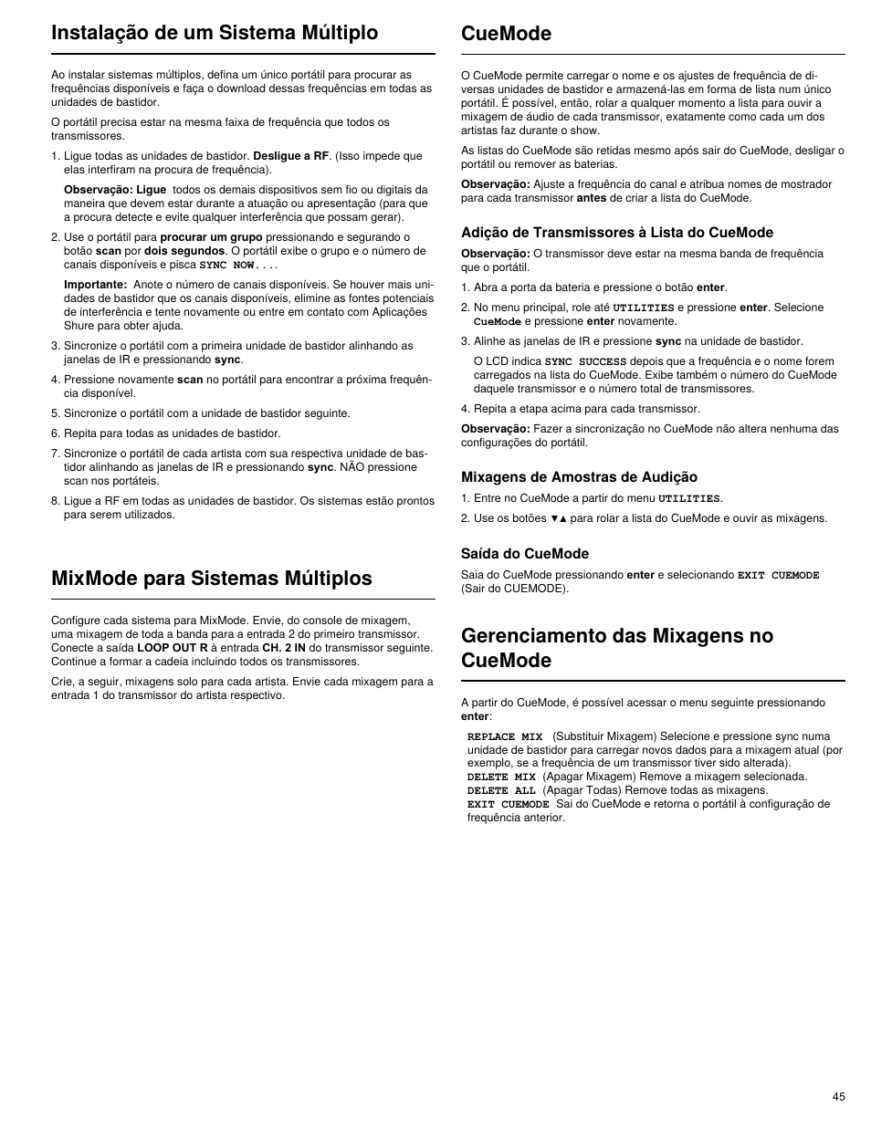 Instalação de um sistema múltiplo, Mixmode para sistemas múltiplos, Gerenciamento das mixagens no cuemode | Cuemode | Shure PSM 900 User Manual | Page 49 / 64