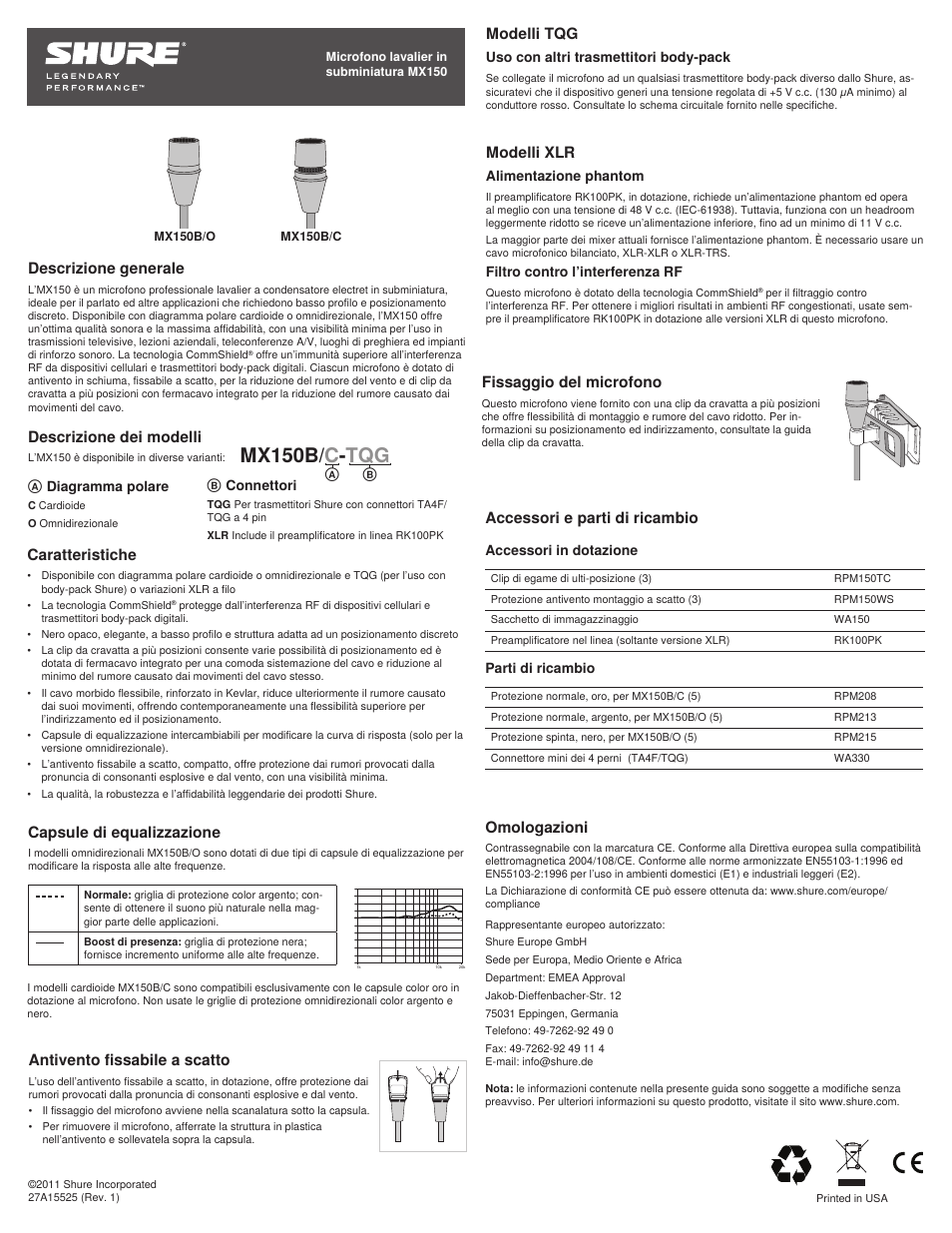 Mx150b/ c - tqg, Descrizione generale, Caratteristiche | Capsule di equalizzazione, Modelli tqg, Descrizione dei modelli, Antivento fissabile a scatto, Modelli xlr, Fissaggio del microfono, Omologazioni | Shure MX150 User Manual | Page 11 / 22