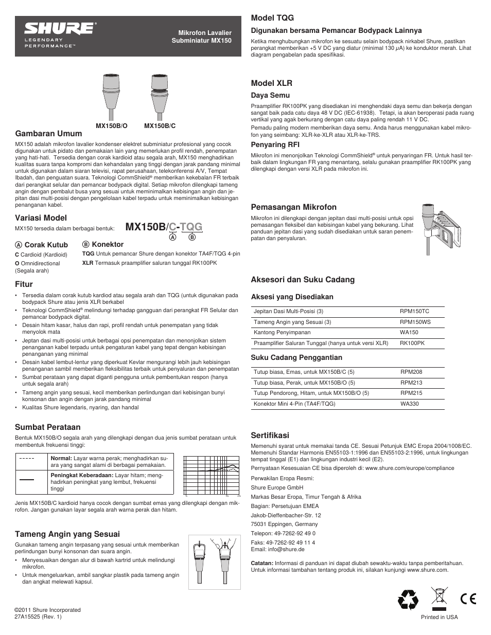 Mx150b/ c - tqg, Gambaran umum, Fitur | Model tqg, Variasi model, Tameng angin yang sesuai, Model xlr, Pemasangan mikrofon, Sumbat perataan, Sertifikasi | Shure MX150 User Manual | Page 21 / 22