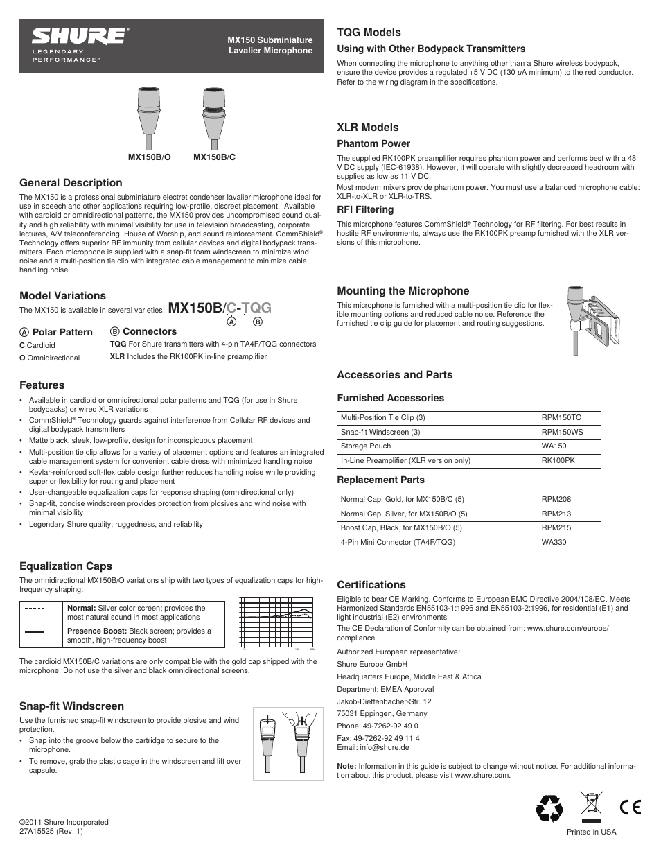 Mx150b/ c - tqg, General description, Features | Tqg models, Model variations, Snap-fit windscreen, Xlr models, Mounting the microphone, Equalization caps, Certifications | Shure MX150 User Manual | Page 3 / 22