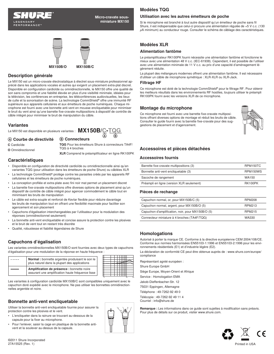 Mx150b/ c - tqg, Description générale, Caractéristiques | Capuchons d’égalisation, Modèles tqg, Variantes, Bonnette anti-vent encliquetable, Modèles xlr, Montage du microphone, Homologations | Shure MX150 User Manual | Page 5 / 22