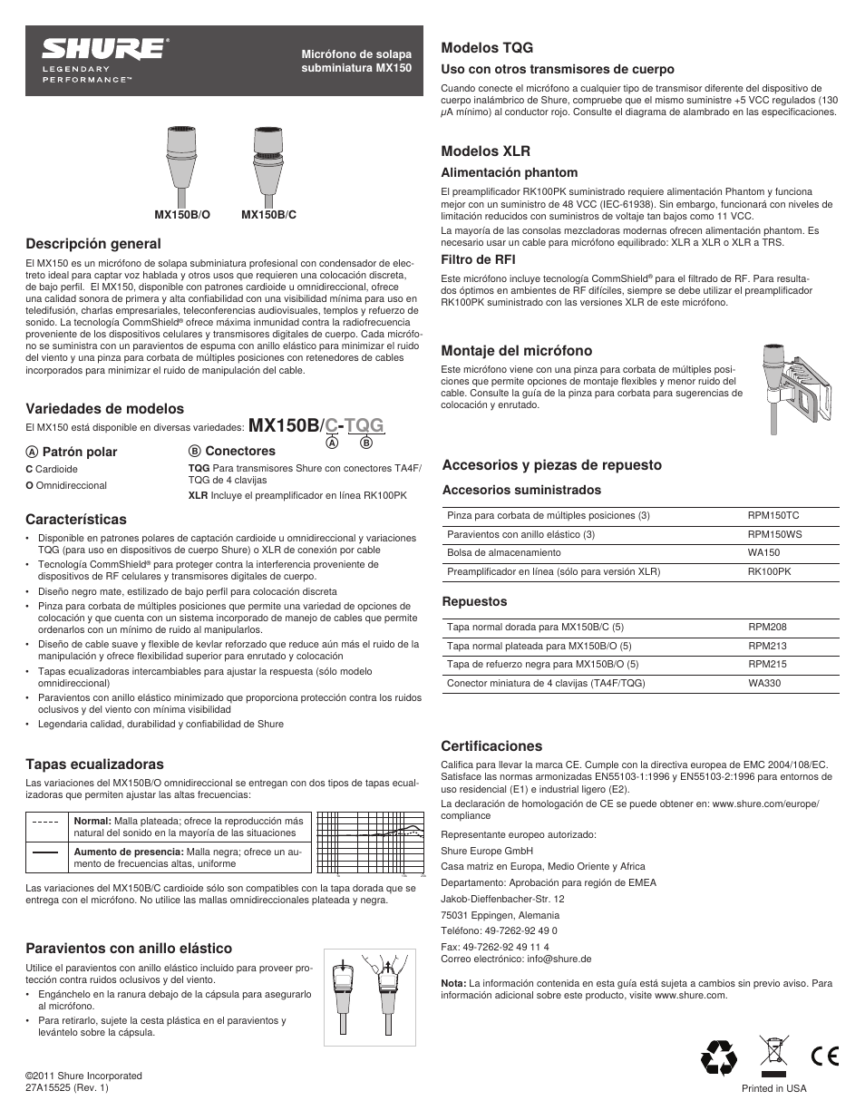 Mx150b/ c - tqg, Descripción general, Características | Tapas ecualizadoras, Modelos tqg, Variedades de modelos, Paravientos con anillo elástico, Modelos xlr, Montaje del micrófono, Certificaciones | Shure MX150 User Manual | Page 7 / 22