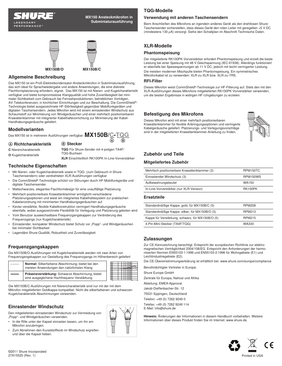 Mx150b/ c - tqg, Allgemeine beschreibung, Technische eigenschaften | Frequenzgangskappen, Tqg-modelle, Modellvarianten, Einrastender windschutz, Xlr-modelle, Befestigung des mikrofons, Zulassungen | Shure MX150 User Manual | Page 9 / 22